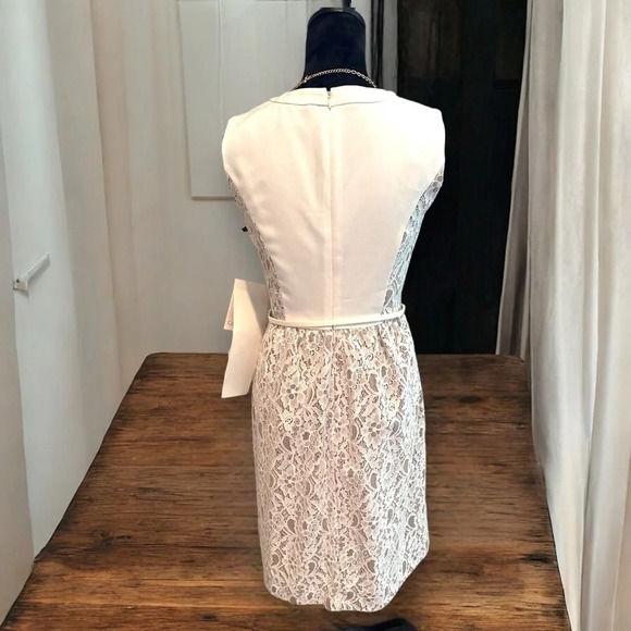 Calvin Klein white lace & cream sheath dress belted size 4 - Picture 4 of 7
